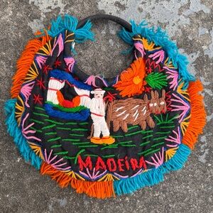Vintage Madeira Portugal Crewel Embroidered Farmer Cow Floral Souvenir Purse Bag